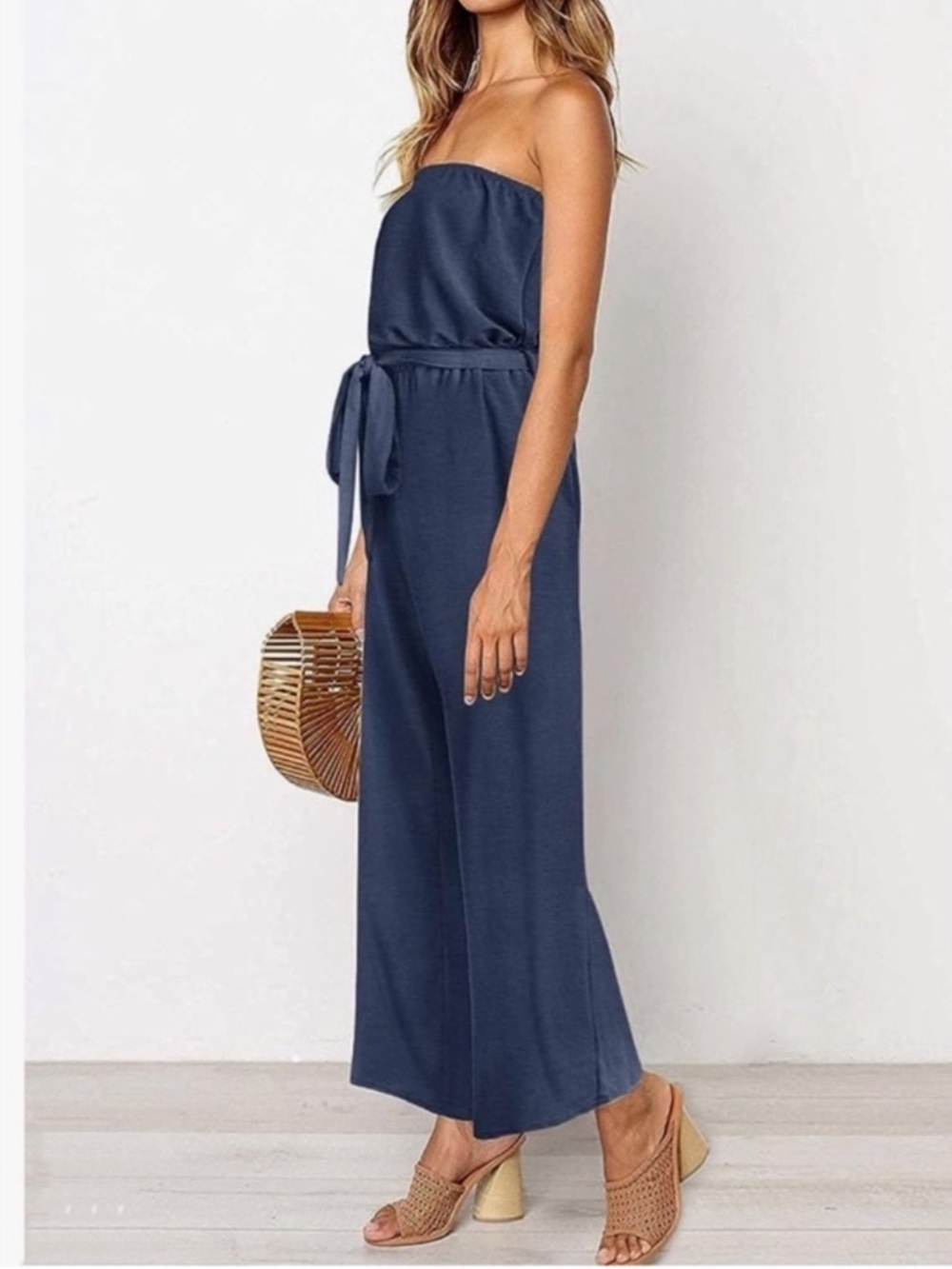 ZESICA Women’s Off Shoulder Navy Strapless Belted Wide Leg Jumpsuit Romper - Picture 3 of 13